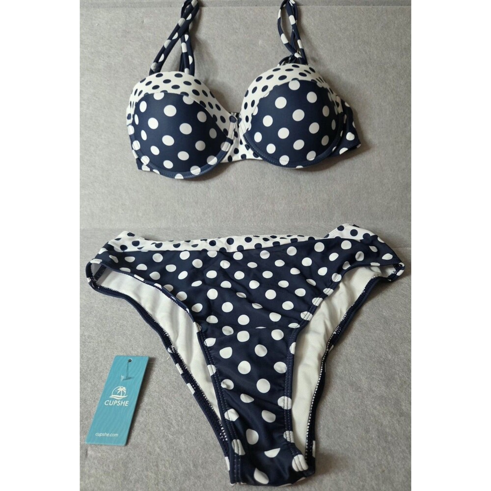 CUPSHE Navy/White Polka Dot Sz XL 2 Pc Set Underwire Padded  Swimsuit